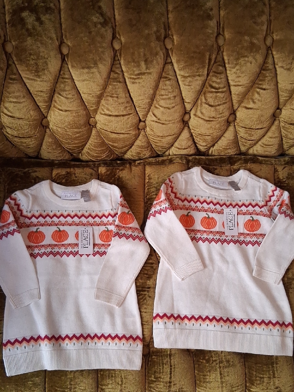 2! Childrens Place Cream Sweater Dress with Orange Pumpkin Fair Isle